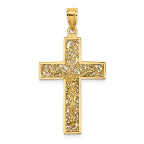 Million Charms 10k Yellow Gold Textured Swirl Design Crucifix Pendant